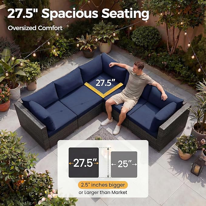 NICESOUL Outdoor Sofa Set of 8, Deep Seating Extra Large Patio Conversation Set, 29.3'' High Back Modern Luxury Wicker Modular Sectional for Backyard Lawn Deck Garden, 2 Color Cushions Navy & Gray