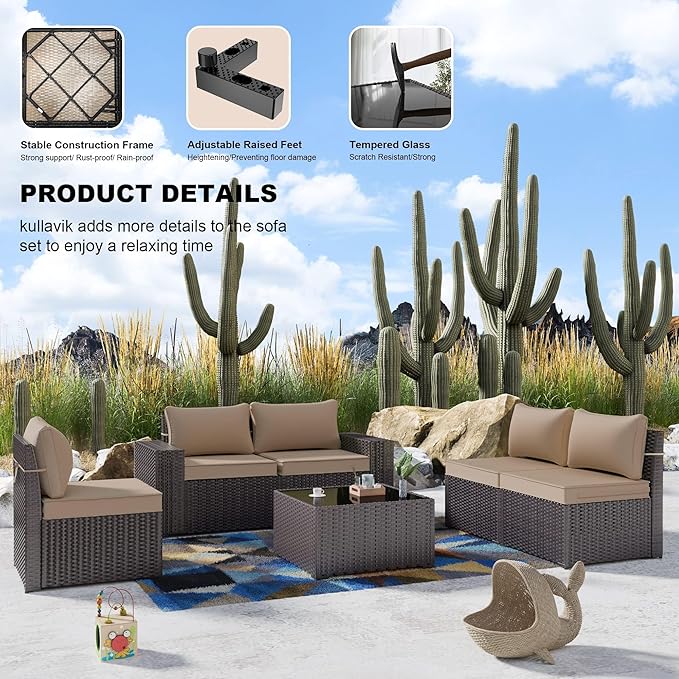 Kullavik 9 Pieces Outdoor Patio Furniture Set,PE Wicker Rattan Sectional Sofa Patio Conversation Sets with Swivel Rocking Chairs Set,Sand