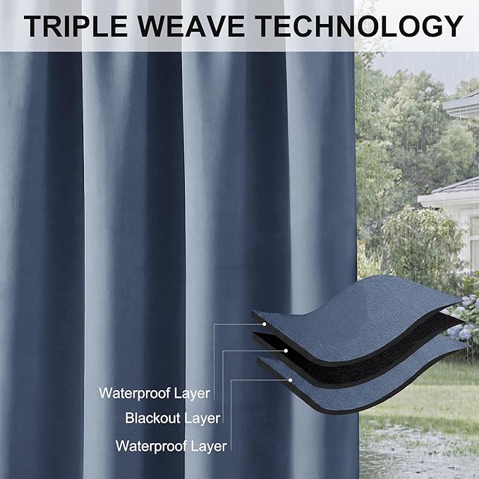 RYB HOME Extra Wide Outdoor Curtains for Patio Waterproof Heavy Duty Thermal Insulated in Summer Full Coverage Privacy for Gazebo, Cabana & Pergola, W100 x L90, Stone Blue, 1 Panel