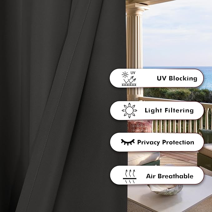 BONZER Waterproof Indoor/Outdoor Curtains for Patio Thick Privacy Extra Wide Grommet Curtains for Bedroom, Living Room, Porch, Pergola, Cabana, 1 Panel, 150W x 95L inch, Charcoal