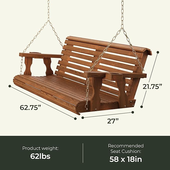 Amish Casual 4 Foot Roll Back Porch Swing with Cup Holders in Semi-Solid White Stain - Amish Made in The USA from Treated Pine Heavy Duty 700 Lb. Weight Capacity