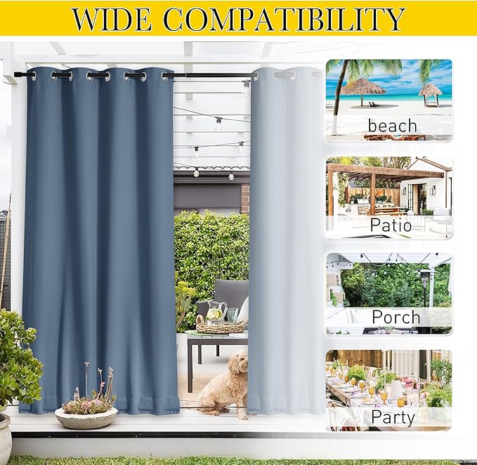 NICETOWN 2 Panels Gazebo Curtains Outdoor Waterproof & Windproof, Top & Bottom Grommet with Back Tab Wind-Break Outdoor Dividers Blackout Blinds with Fixed Rope for Patio, Stone Blue, W52 x L95