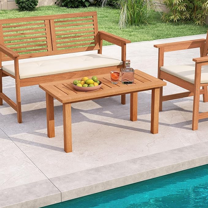 Tangkula Outdoor Coffee Table, 35.5” Patio Table with Slatted Tabletop, Rectangular Wooden Center Table Indoor Outdoor for Balcony, Poolside, Garden, Living Room, Natural