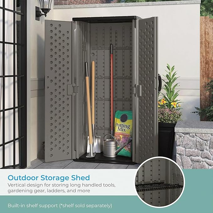 Suncast 22 Cubic Ft. Vertical Resin Outdoor Storage Shed with Lockable Double Doors, Weather-Resistant Multi-Wall Panels, Stoney