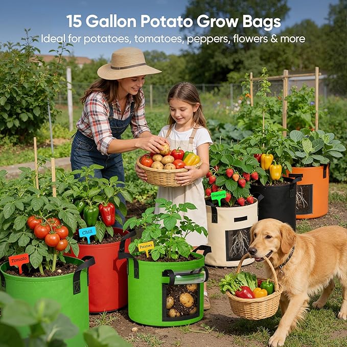 15 Gallon Potato Grow Bags: Set of 5 Colorful Gardening Supplies Fabric Pots with Harvest Window Reinforced Handles - Planting Container for Vegetable Tomatoes Carrot Flowers Balcony Patio Use