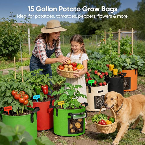 15 Gallon Potato Grow Bags: Set of 5 Colorful Gardening Supplies Fabric Pots with Harvest Window Reinforced Handles - Planting Container for Vegetable Tomatoes Carrot Flowers Balcony Patio Use