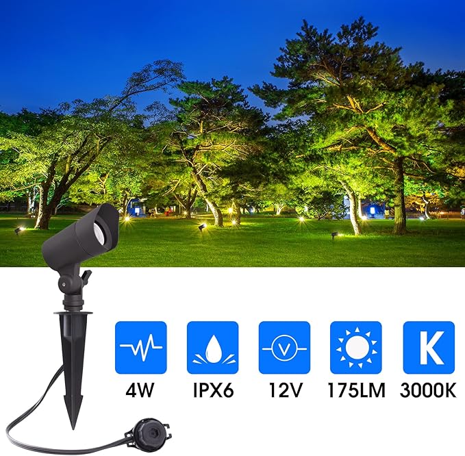E ENERGETIC LIGHTING LED Landscape Lights with Connectors, 12V Low Voltage, Warm White 3000k, 4W, 175LM, Outdoor Waterproof Garden Pathway Lights Wall Tree Flag Spotlights with Spike Stand, 2 Pack