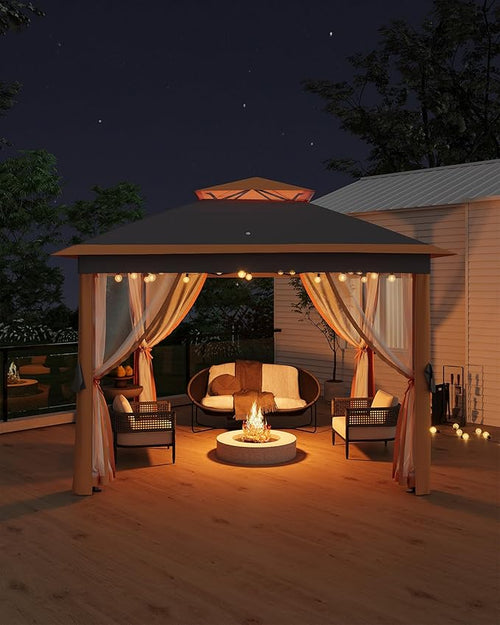 11'x11 Pop-Up Gazebo, Instant Outdoor Canopy Tent with Mosquito Nettings, Durable Steel Frame, Water and UV Proof, for Patio, Garden, Courtyard, Party (Khaki)