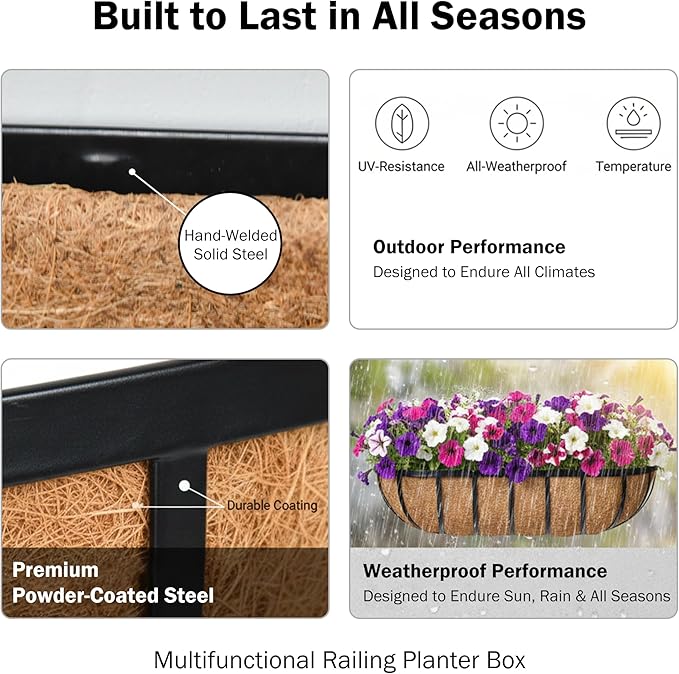 30“ Window Box Railing Planter with Coco Liner Metal Wall-Mounted Coconut Liner Planter Basket English Horse Trough Planters for Outdoor Deck Balcony Porch Fence Patio Black (4 Pack)