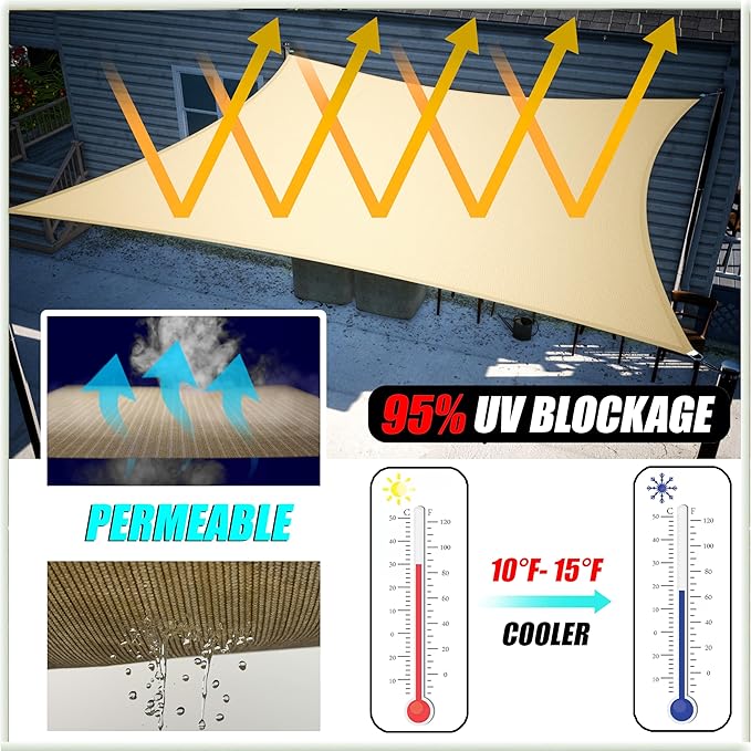 Amgo 10' x 10' x 14' Beige Right Triangle Sun Shade Sail UPF50+ Canopy Awning AGSLT, 95% UV Blockage, Water & Air Permeable, 200GSM Heavy Duty Commercial and Residential (We Make Custom Sizes)