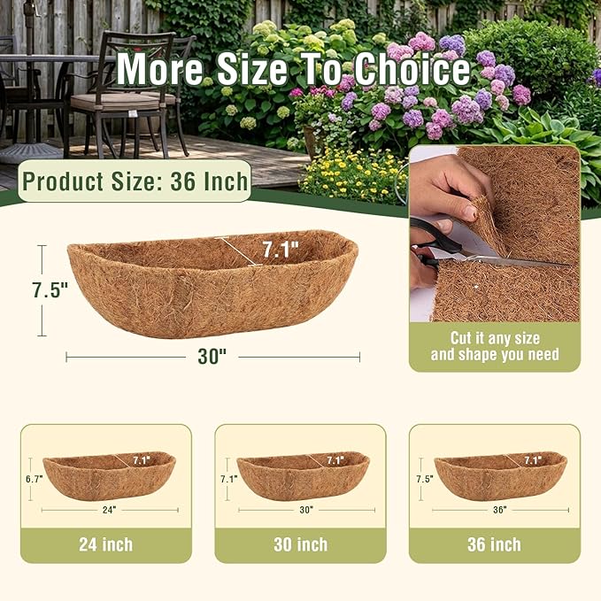 4 Pcs 36 Inch Trough Coco Liner for Window Box, 100% Natural Half Moon Coconut Coir Planter, Replaceable Coconut Fiber Liner for Window Boxes & Fence Flower Baskets (4, 36 inch)