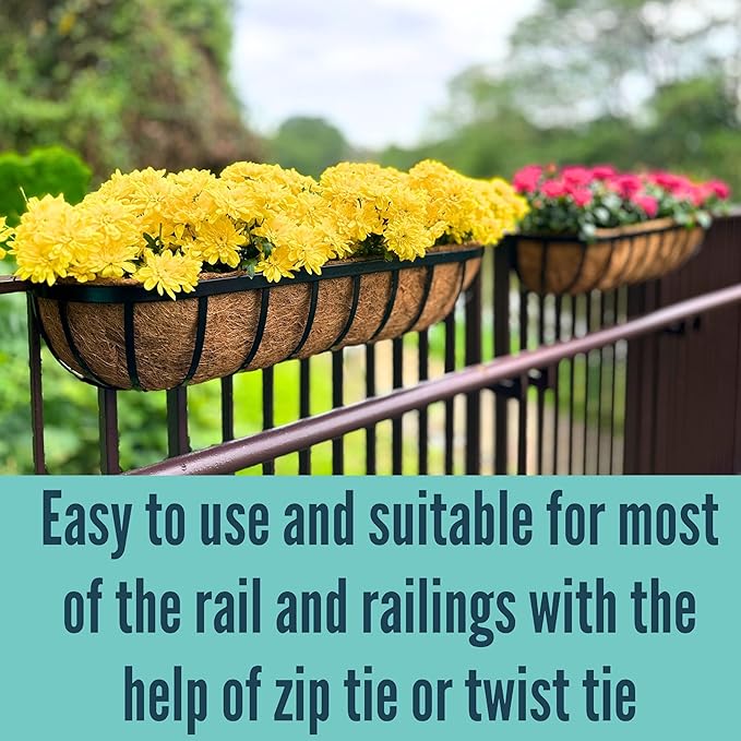 LaLaGreen Railing Planter Boxes (4 Pack, 30 Inch) Black Metal Rectangular Flower Boxes with Coco Liner, Large Hanging Planters for Outdoor Plants Deck Over Rail Fence Balcony Porch Modern Garden Decor