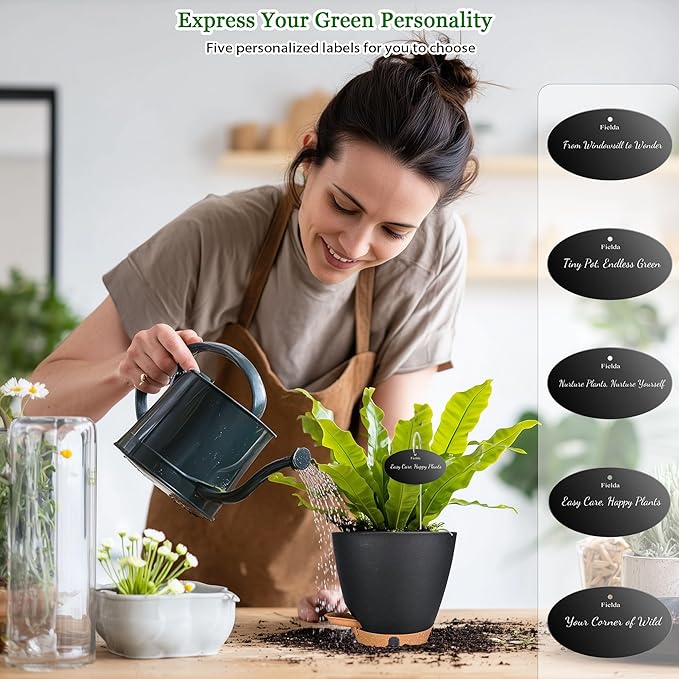 Self Watering Pots for Inoor Ourdoor Plants 8/7/6.5/6/5 Inch Plastic Planters with Drainage Holes & Water Level Indicator, Decorative House Flower Nursery Planting Pots with Saucers (Black)