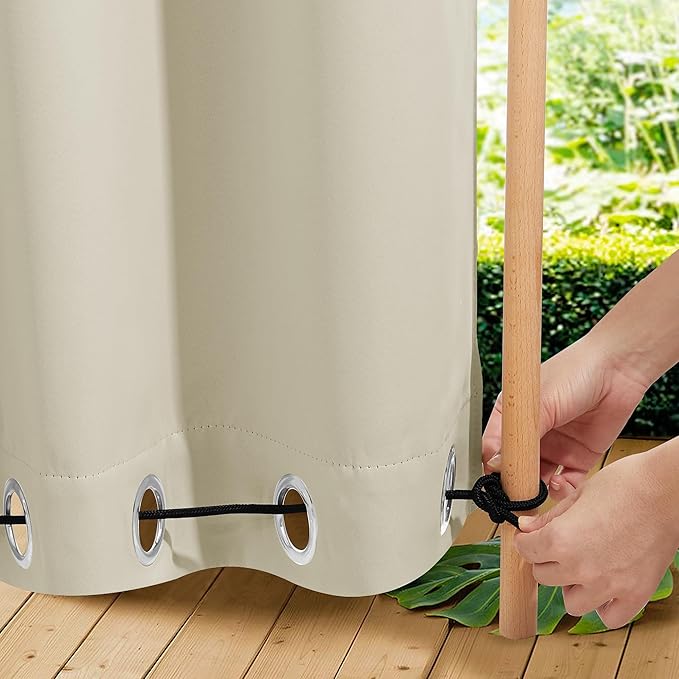 NICETOWN 2 Panels Weighted Outdoor Curtains for Patio Waterproof, Thermal Insulated Grommet & Back Tab on Top & Bottom Windproof Sun Blocking Draperies for Gazebo with Fixed Rope, Beige, W66 x L84