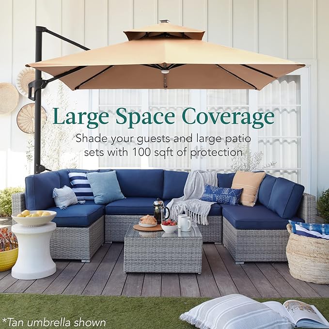 Best Choice Products 10x10ft Cantilever Patio Umbrella w/Base Included, Solar LED Lights 360 Rotation Large Offset Hanging Outdoor Shade for Deck Pool Backyard w/Stand – Brown