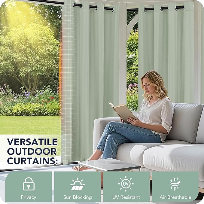 Outdoor Curtains for Patio Waterproof 6 Panels - Windproof, Privacy, Weatherproof Outside Drapes for Gazebo Pergola Porch, Grommet Top and Tab Bottom, 54x95 Inch, Sage Green