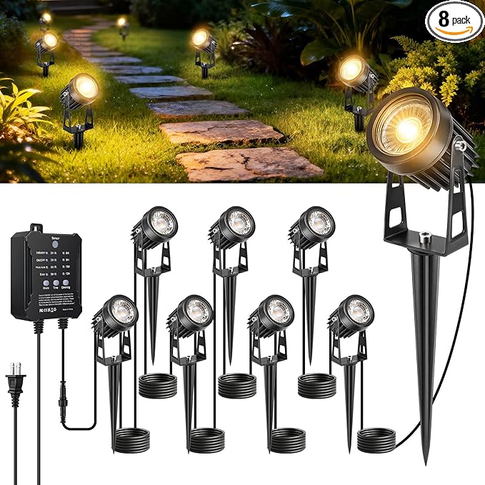 All-in-One Low Voltage Landscape Lighting Kit, 8 Pack Landscape Lights with Smart Transformer, Dimmable Waterproof Outdoor LED SpotLights, 24V LED Landscape Lights for Yard, Garden(Warm White)