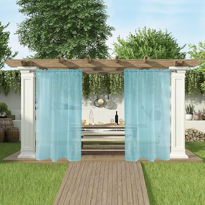 SpaceDresser Waterproof Outdoor Sheer Curtains for Patio - 4 Panels Rod Pocket Indoor Voile Sheer Curtain for Living Room,52W x 96L inch, Aqua