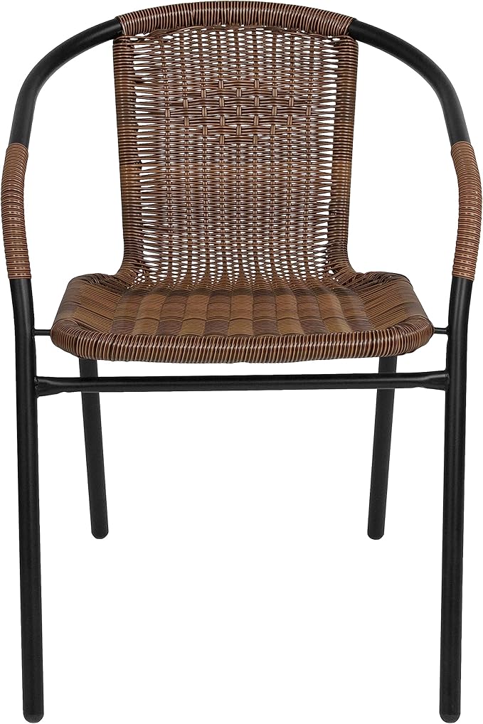 EMMA + OLIVER Set of 4 Modern Rattan Indoor/Outdoor Stack Chairs, Stacking Rattan Patio Chairs with Curved Back and Cross Bracing, Brown