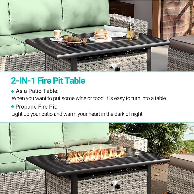 7-Piece Outdoor Patio Furniture Set with 55,000 BTU Fire Pit Table, PE Wicker Rattan Sectional Sofa Patio Conversation Set with Thickened Cushions & Coffee Table, Light Green