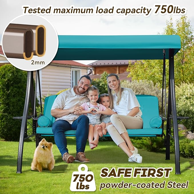 3 in 1 Outdoor Porch Swing with Adjustable Canopy, 3 Seat Outdoor Swing for Adults, Patio Swing Chair with Thickened Cushions,Pillows & Cup Holders for Backyard, Porch, Garden (Lake Blue)