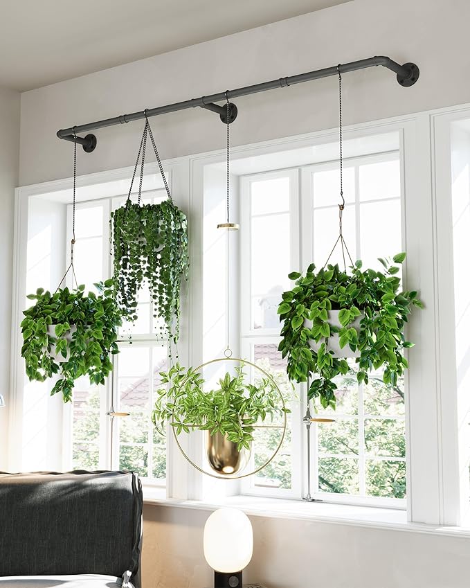 Plant Haning Rod, Hanging Planters for Indoor Plants with 6 Chains, Wall Plant Hanging Bar for Window Celling, 65.7 Inch, Metal Black, Pots Not Included