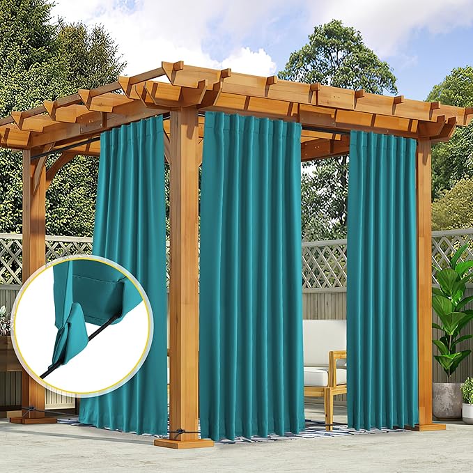NICETOWN 2 Panels Outdoor Curtains Waterproof Pocket & Back Tab on Top & Bottom, Thermal Insulated Windproof Sun Blocking Outside Privacy Drapes for Patio with Fixed Rope, W52 x L84, Peacock Teal