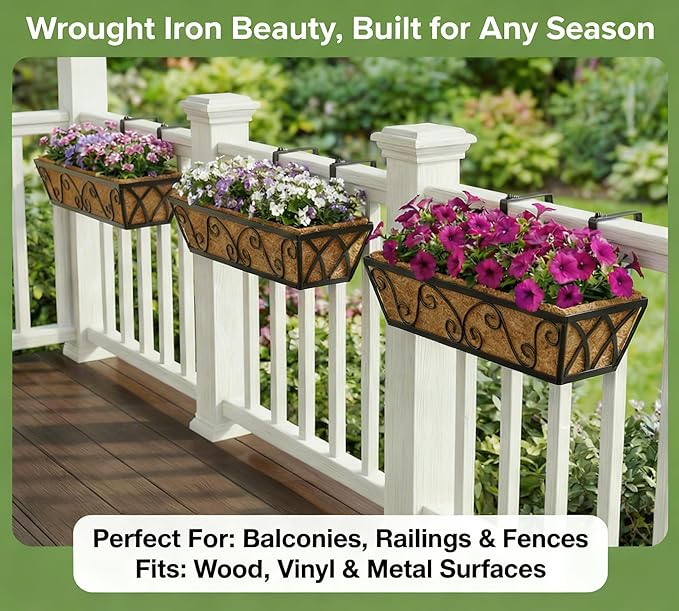 Y&M 24 Inch Window Deck with Coco Liner, Fence Metal Hanging Flower Planter Window Basket Deck Railing Planter Boxes for Outdoor Garden Lawn-Butterfly, 6pcs