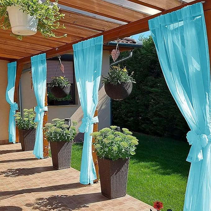 SpaceDresser Waterproof Outdoor Sheer Curtains for Patio - 4 Panels Rod Pocket Indoor Voile Sheer Curtain for Living Room,52W x 120L inch,Aqua