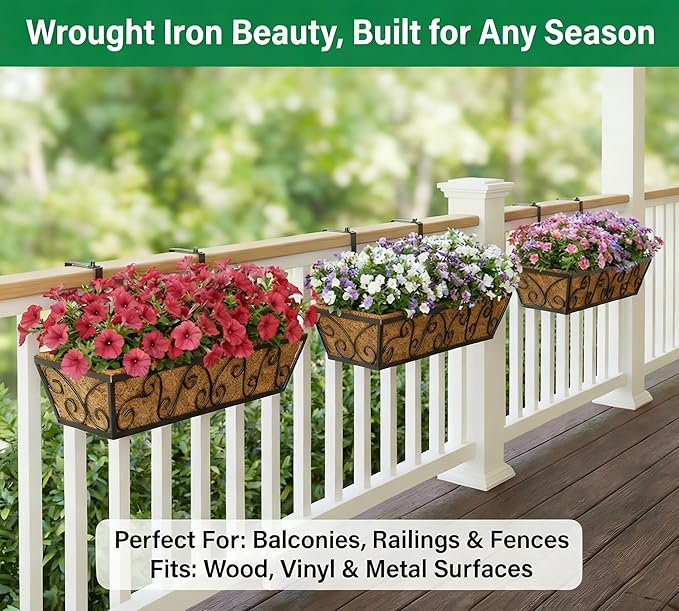 Y&M 30 Inch Window Deck with Coco Liner, Fence Metal Hanging Flower Planter Window Basket Deck Railing Planter Boxes for Outdoor Garden Lawn-Butterfly, 2pcs