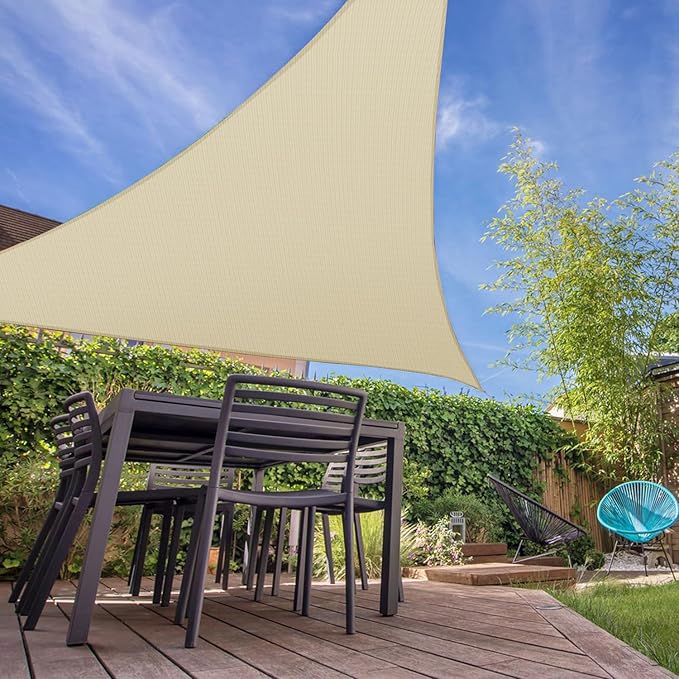 E&K Sunrise 9' x 9' x 9' Sun Shade Sail Triangle Canopy Shade Cover UV Block for Patio Backyard Garden Outdoor (Beige)