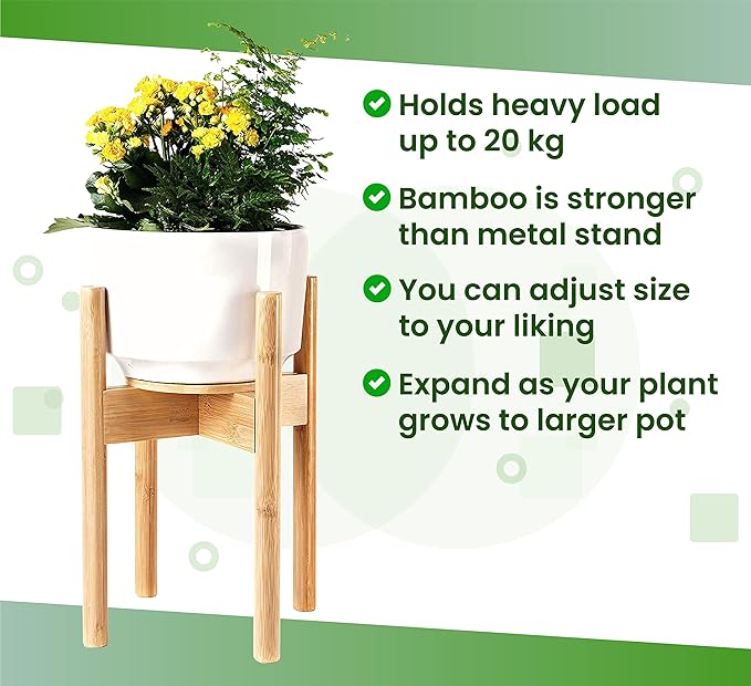 ZPirates Plant Stand for Indoor - Adjustable Sideways to fit 8 10 or 12 Inch-wide Medium-Large Planter Pots - Ideal for Live and Fake, Corner and Floor Plants - 14-inch Tall - Bamboo Wood
