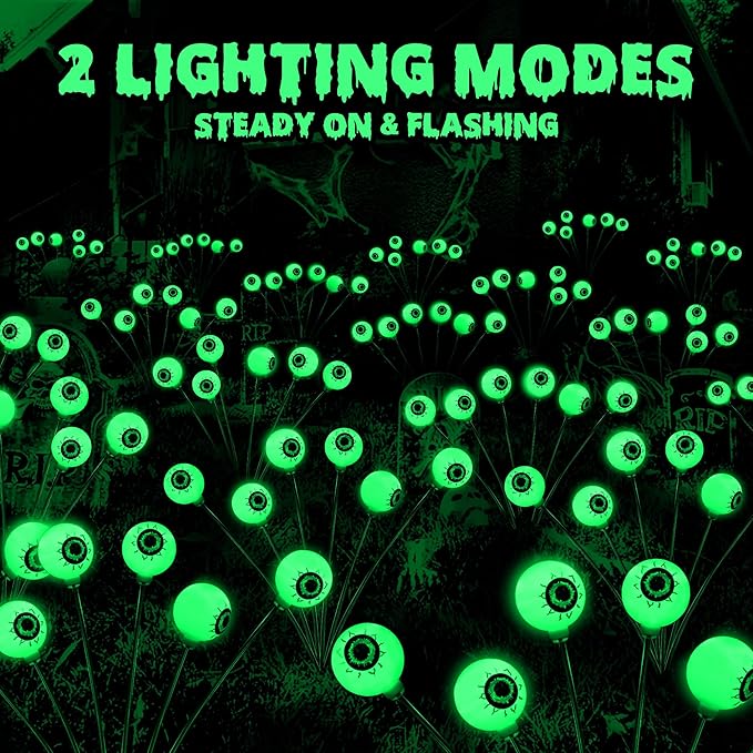 BrizLabs 8 Pack 48 LED Halloween Solar Lights, 2 Modes Outdoor Halloween Eyeball Pathway Lights, Solar Spooky Light Waterproof, Green Swaying Firefly Lighting for Path Yard Garden Lawn