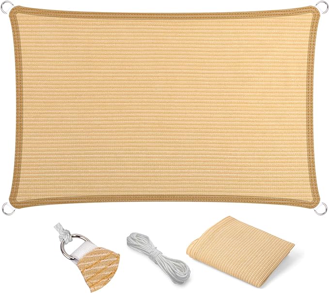 Eden's Decor Straight Flat-Edged Sun Shade Sail Rectangular 7' x 14' Beige UV-Blocking Outdoor Canopy Fabric Cloth Awning for Pergola Patio Garden Backyard Custom Size