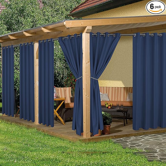 HolidayIdeas Waterproof Outdoor Curtains for Patio, 6 Panels - 54x108 Inches - Weatherproof Privacy Outsides Curtains for Backyard Porch Gazebo, Sunlight & UV Blocking (Navy, Grommet Top)