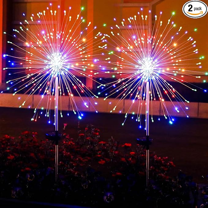 2 Pack Solar Firework Lights Outdoor - Verified 200 LED & 8 Modes - Starburst Solar Powered Garden Lights, Reinforced Durable Stakes, Waterproof Pathway Walkway Lights for Yard Patio Decor