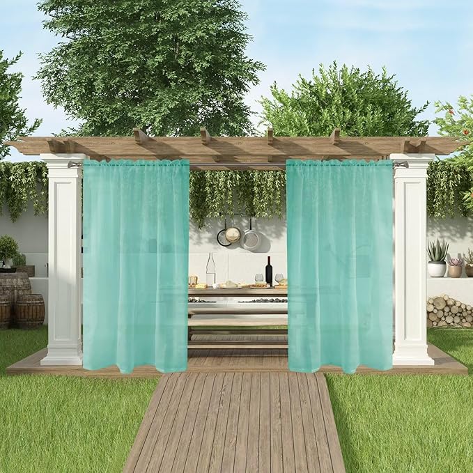 SpaceDresser Waterproof Outdoor Sheer Curtains for Patio - 4 Panels Rod Pocket Indoor Voile Sheer Curtain for Living Room,52W x 84L inch, Turquoise
