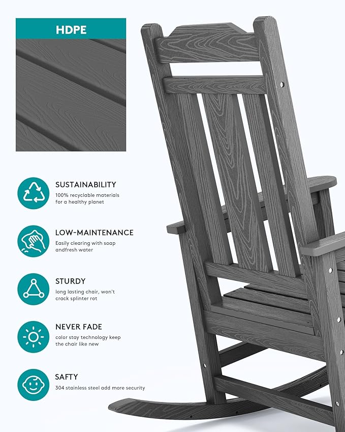 SERWALL Oversized Rocking Chair Outdoor, HDPE Outdoor Rocking Chair, Grey