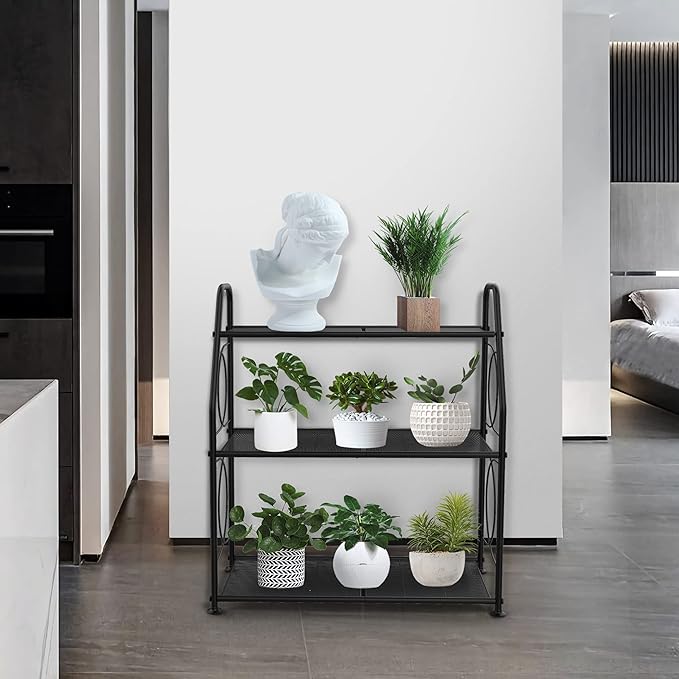 Plant Stand, 3 Tier Plant Shelf for Indoor Outdoor, Heavy Duty Metal Outdoor Plant Stand Holder Rack for Living Room Balcony and Garden, Black