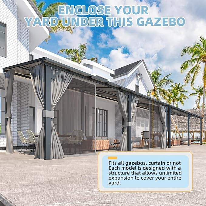 AECOJOY 20' x 8' Outdoor Gazebo Pergola with Curtains and Netting, 8'x20' Large Wall-Mounted Hardtop Lean to Gazebo Shelter Pergolas and Gazebos Clearance with Patio Roof, Heavy Duty Metal Awnings