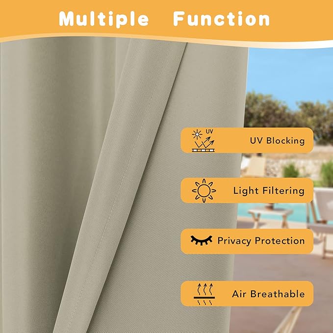 HolidayIdeas Extra Wide Outdoor Curtains for Patio Waterproof, 2 Panels - 110 x 95 Inch - Privacy & Light Filtering Curtains Grommet Outside Curtains for Porch, Gazebo, Pergola, Backyard (Taupe)