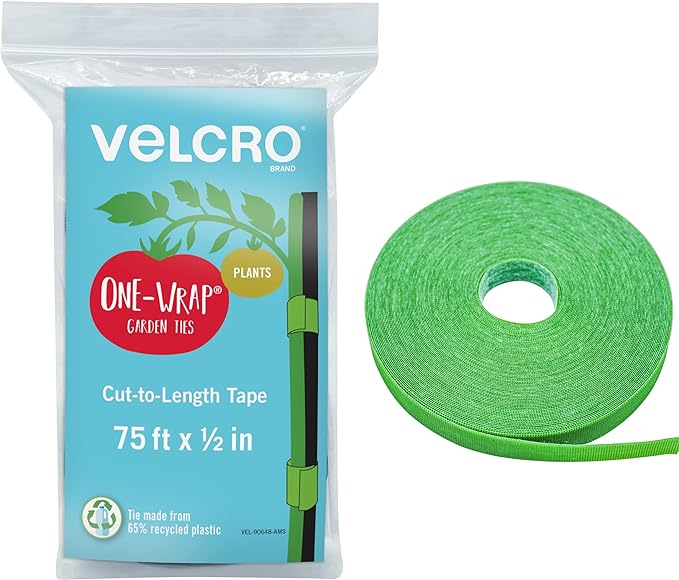 Velcro Brand Adjustable Plant Ties | 75 ft x 1/2 in Green Garden Tape | Reusable, Cut-to-Length Hook & Loop Plant Support for Staking, Training & Organizing Tomatoes, Vines, and Flowers
