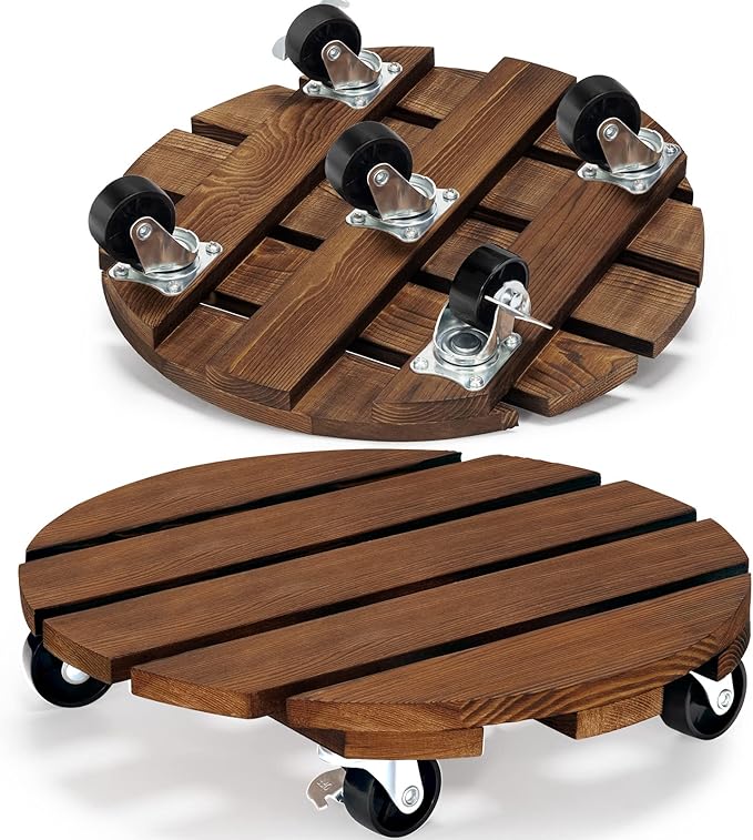 Yangbaga 2pack Plant Caddy 12’’Wood Duty Rolling Plant Stand with 2 360° Lockable Caster Wheels,Indoor Outdoor on Roller Patio/Flower Pot/Succulent Pots