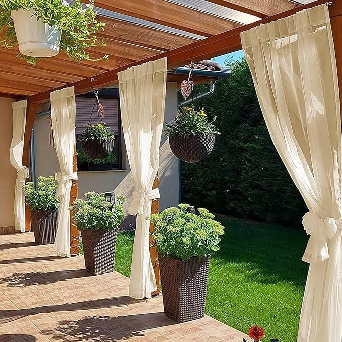 SpaceDresser Waterproof Outdoor Sheer Curtains for Patio - 2 Panels Rod Pocket Indoor Voile Sheer Curtain for Living Room,100W x 96L inch, Beige