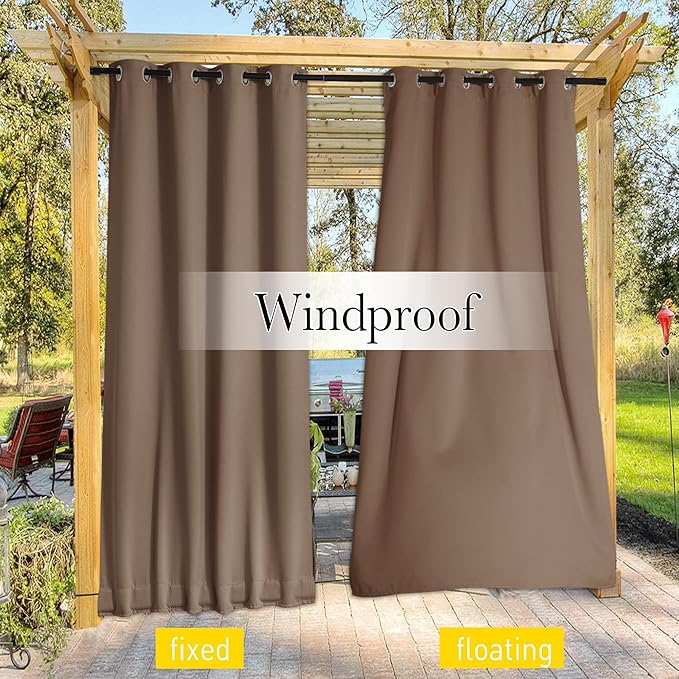 NICETOWN 2 Panels Outdoor Curtains for Patio Waterproof Top & Bottom Grommet & Back Tab, Blackout Outdoor Drapes with Rope for Fixed Windproof Privacy Sun Blocking for Porch, W46 x L90, Tan-Khaki