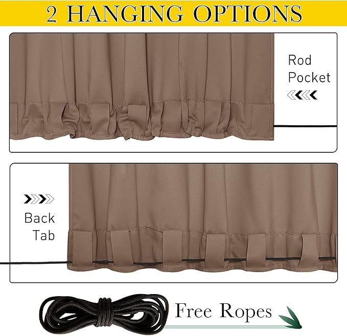 NICETOWN 2 Panels Waterproof Outdoor Curtains for Patio, Windproof W100 x L84 Grommet & Back Tab on Top & Bottom Thermal Insulated Sun Blocking Privacy Drapes with Rope for Gazebo, Tan