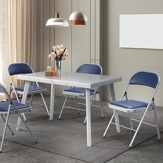 VINGLI 4 Pack Folding Chairs with Padded Seats, Metal Frame with Pu Leather Seat & Back, Capacity 350 lbs, Blue