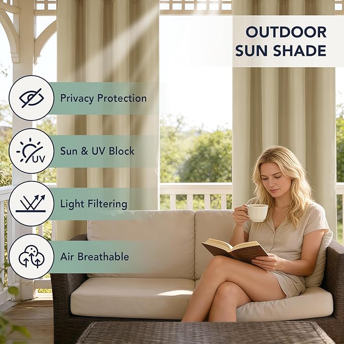 Outdoor Curtains for Patio Waterproof - 8 Panels Privacy Weatherproof Outside Curtains with Grommets for Pergola, Gazebo, Porch, Cabana, Balcony, 54 x 95 Inch, Cream