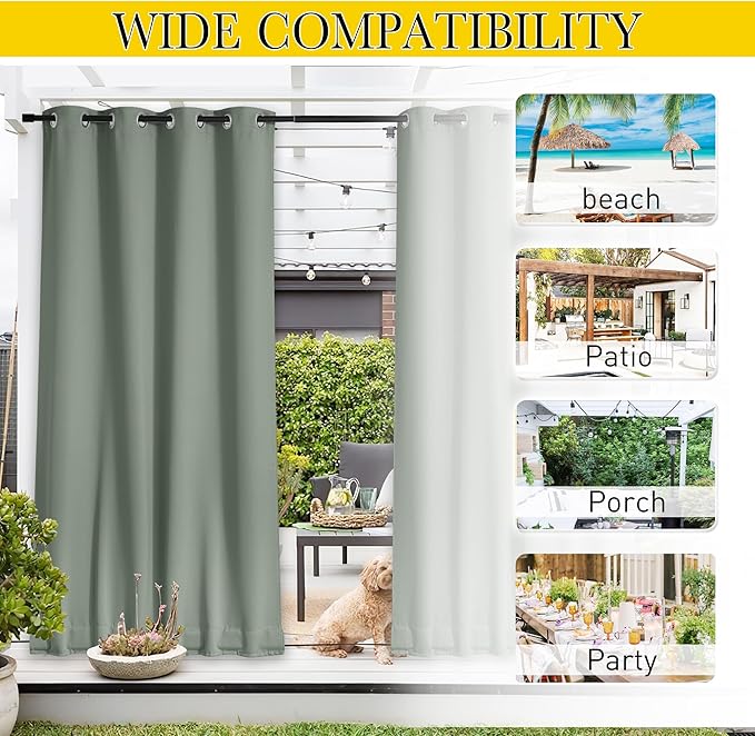 NICETOWN 2 Panels Waterproof Outdoor Curtains Fixed Grommet & Back Tab on Top & Bottom, Thermal Insulated Keep Rain & Sun Out Privacy Windproof Outdoor Draperies with Rope, W52 x L72, Sage Green