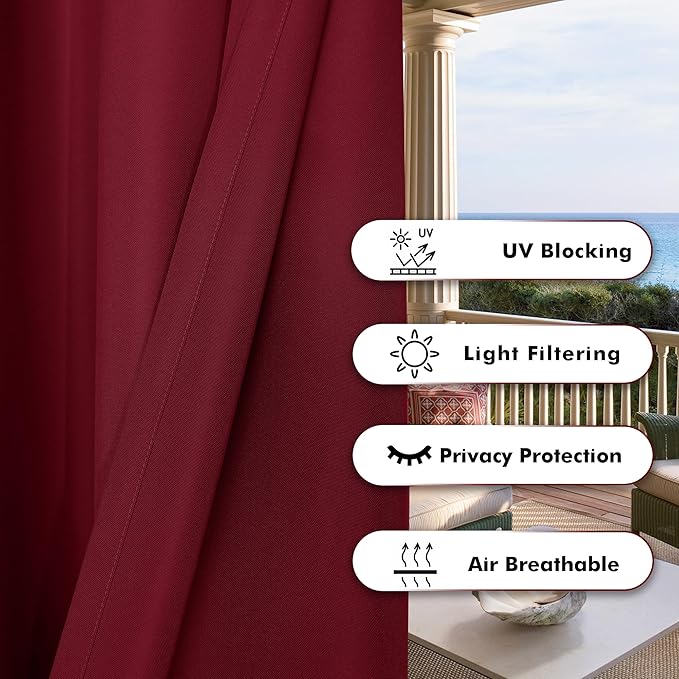 BONZER Waterproof Indoor/Outdoor Curtains for Patio Thick Privacy Grommet Curtains for Bedroom, Living Room, Porch, Pergola, Cabana, 1 Panel, 54W x 84L inch, Red